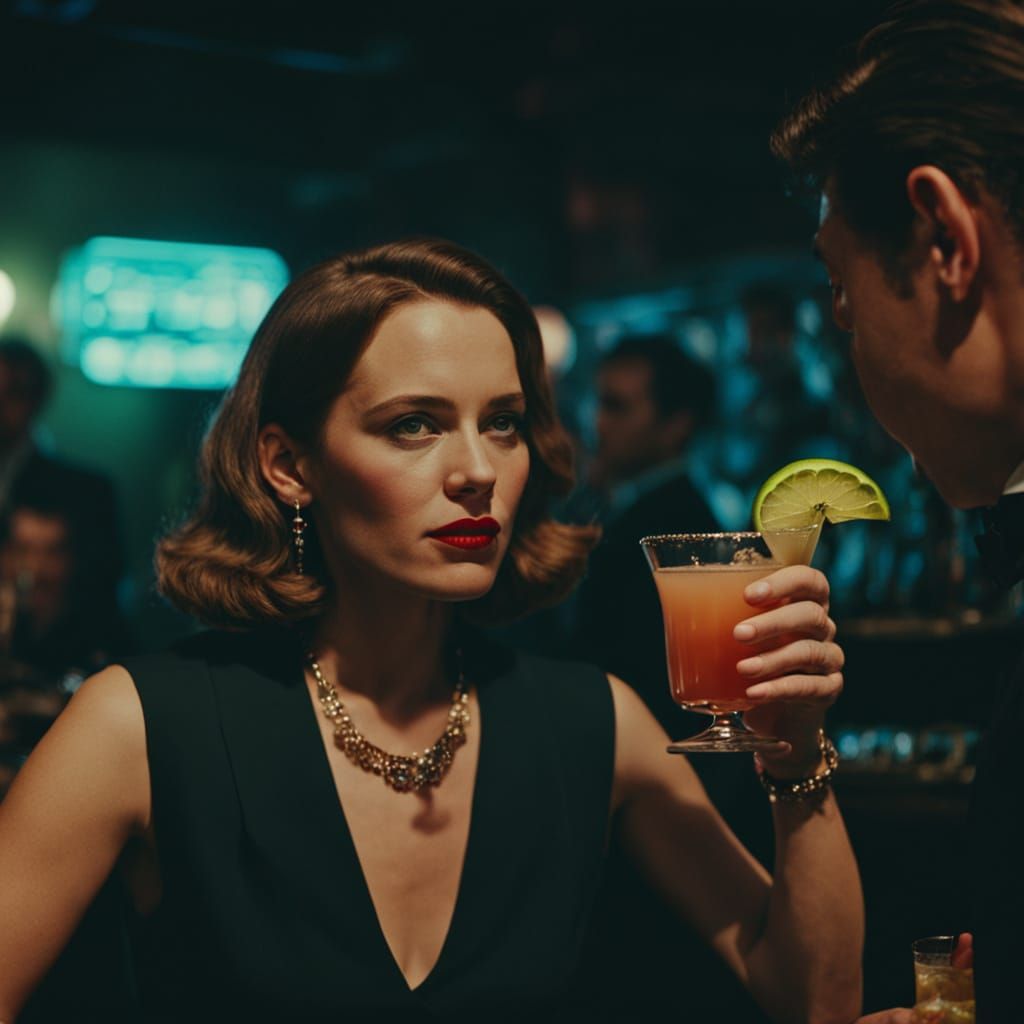 Cinematic Film Still: Woman Drinks Cocktail, Stranger Asks f...