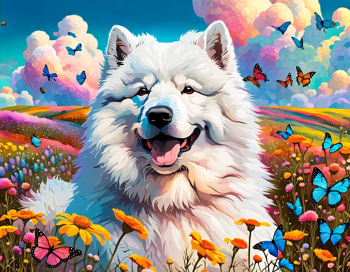 Samoyed Dog in Wildflower Field: Fantasy Illustration