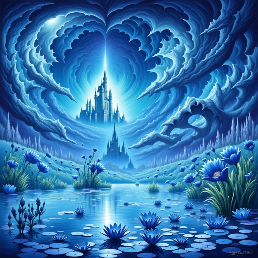<lora:Fantastique:1.0> DANS UN MONDE DE BLEU, paysages oniriques,  un chateau au loin, des plantes aquatiques bleus et d...