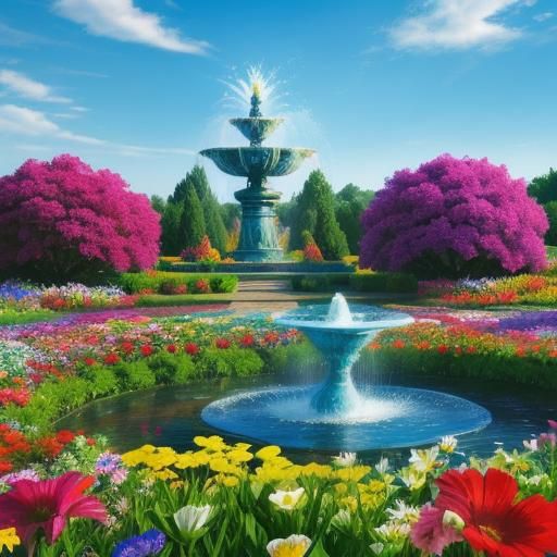 Garden Fountain with Colorful Flowers: Landscape Beauty