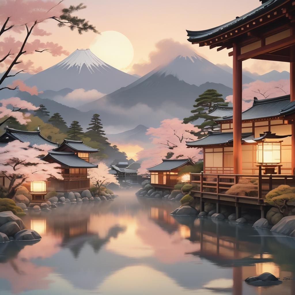 Ukiyo-e Sunset Landscape in Pastel Colors