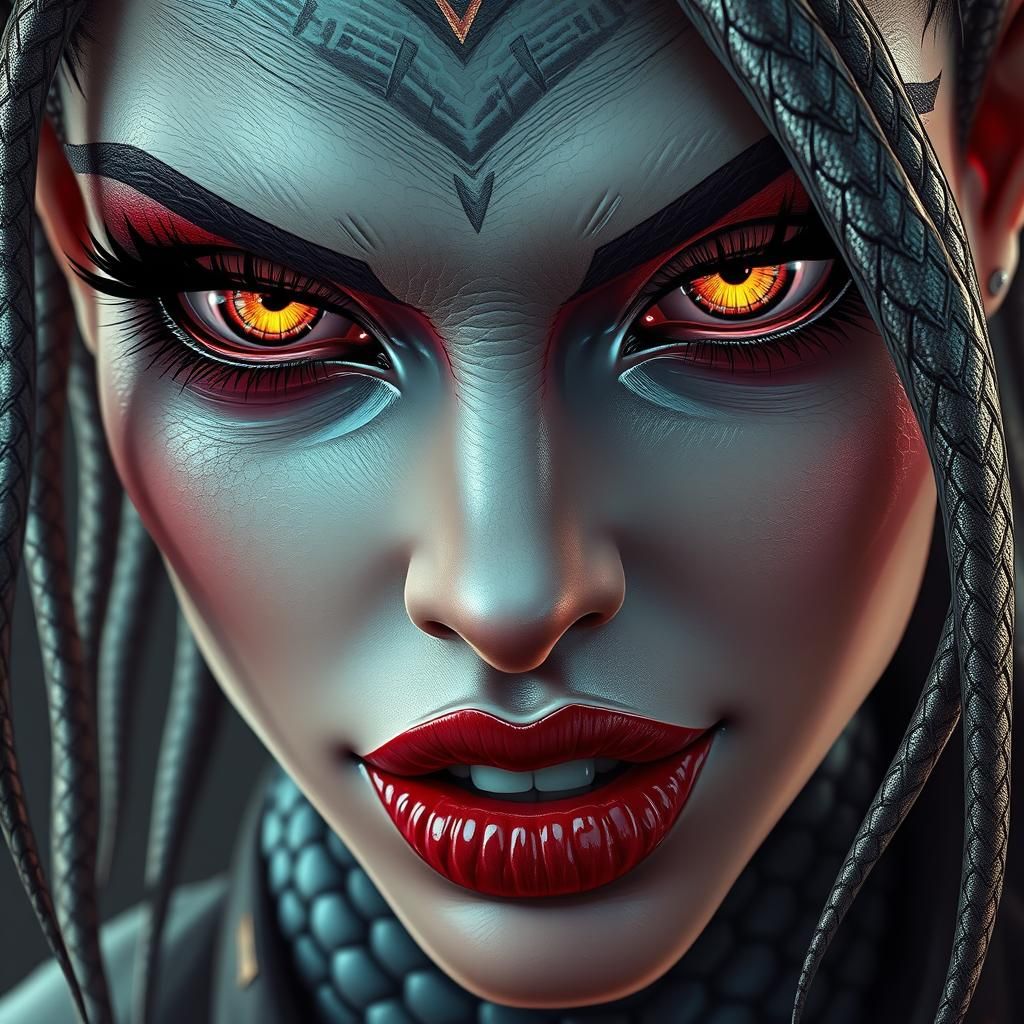 a depiction of a female monster, scary yet breathtakingly beautiful. bright eyes, snakelike skin, gorgeous features, cyb...