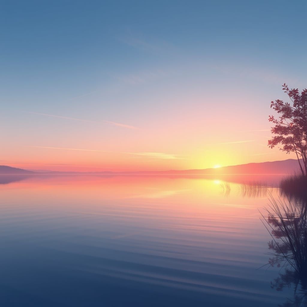 Ethereal Dawn Lake Reflection in Poetic Anime Style