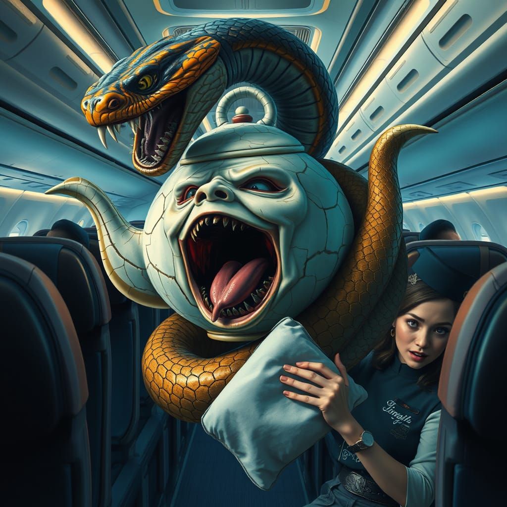Terrified Teapot in Airplane Cabin, Fantastical Art