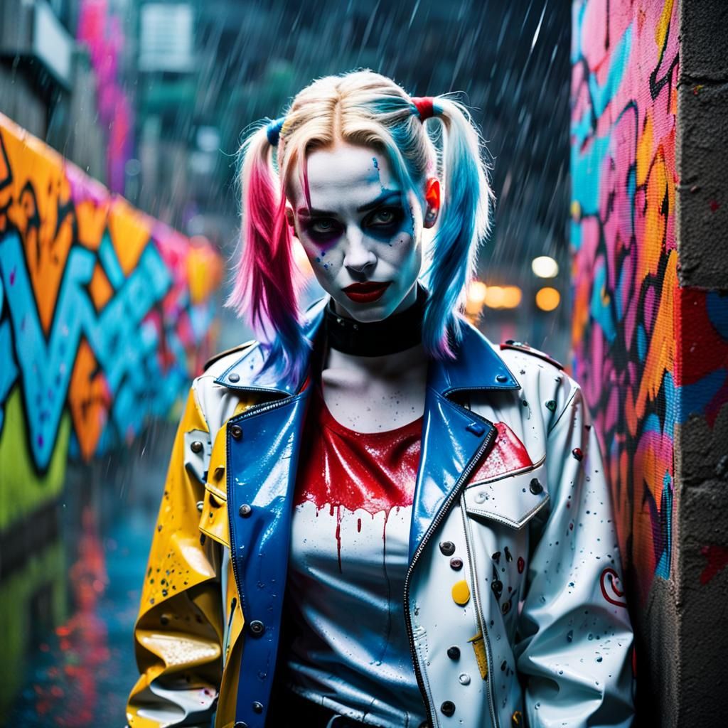 Cyberpunk Harley Quinn in Rain-Soaked Cityscape