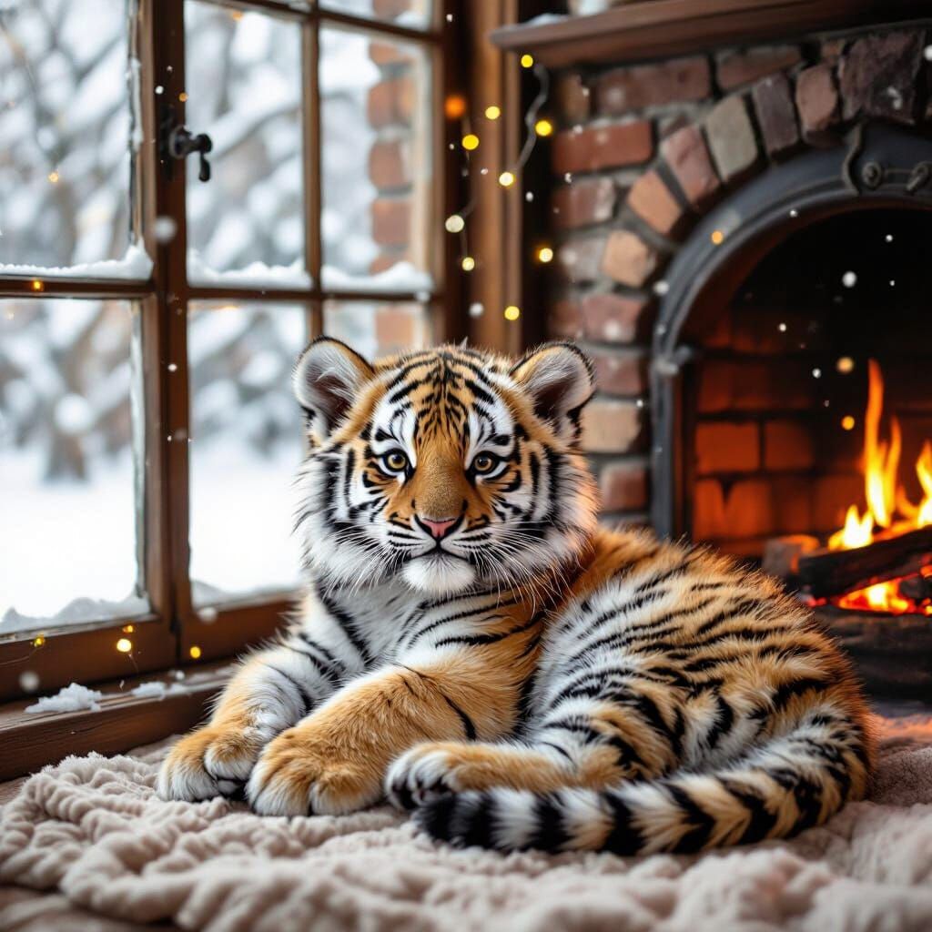 Cozy Tiger Cub in Library by Fireplace
