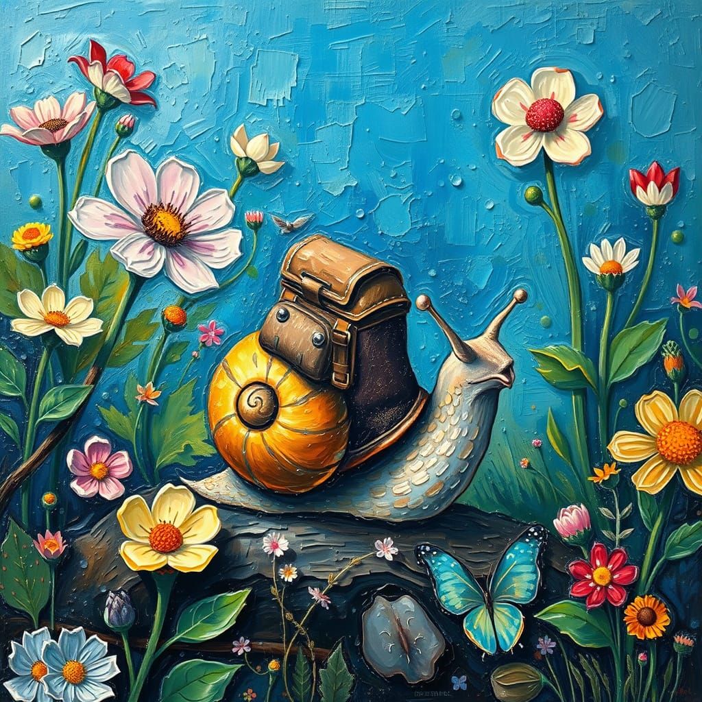 Snail Explorer in a Dreamlike Garden, Neo-Impressionist Styl...