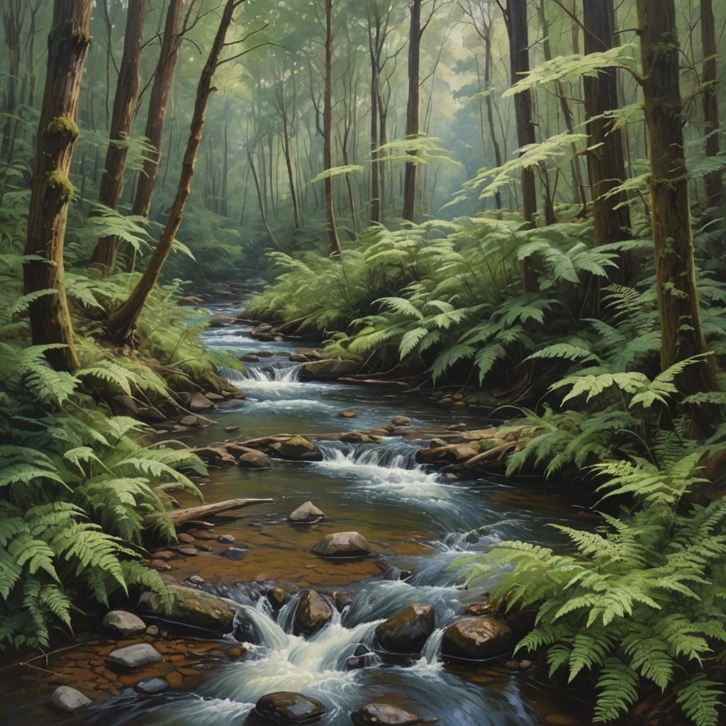 Forest River with Ferns as Oil Painting