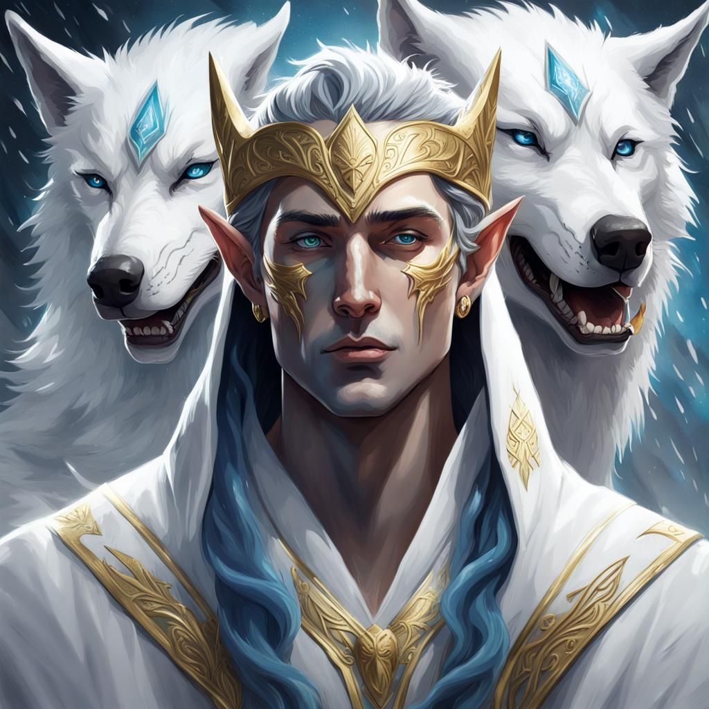 Grey Elf with Wolves in Hyperrealistic Splash Art