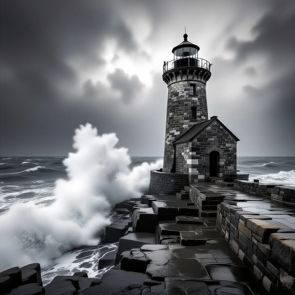High-Contrast Lighthouse Portrait in Black and White