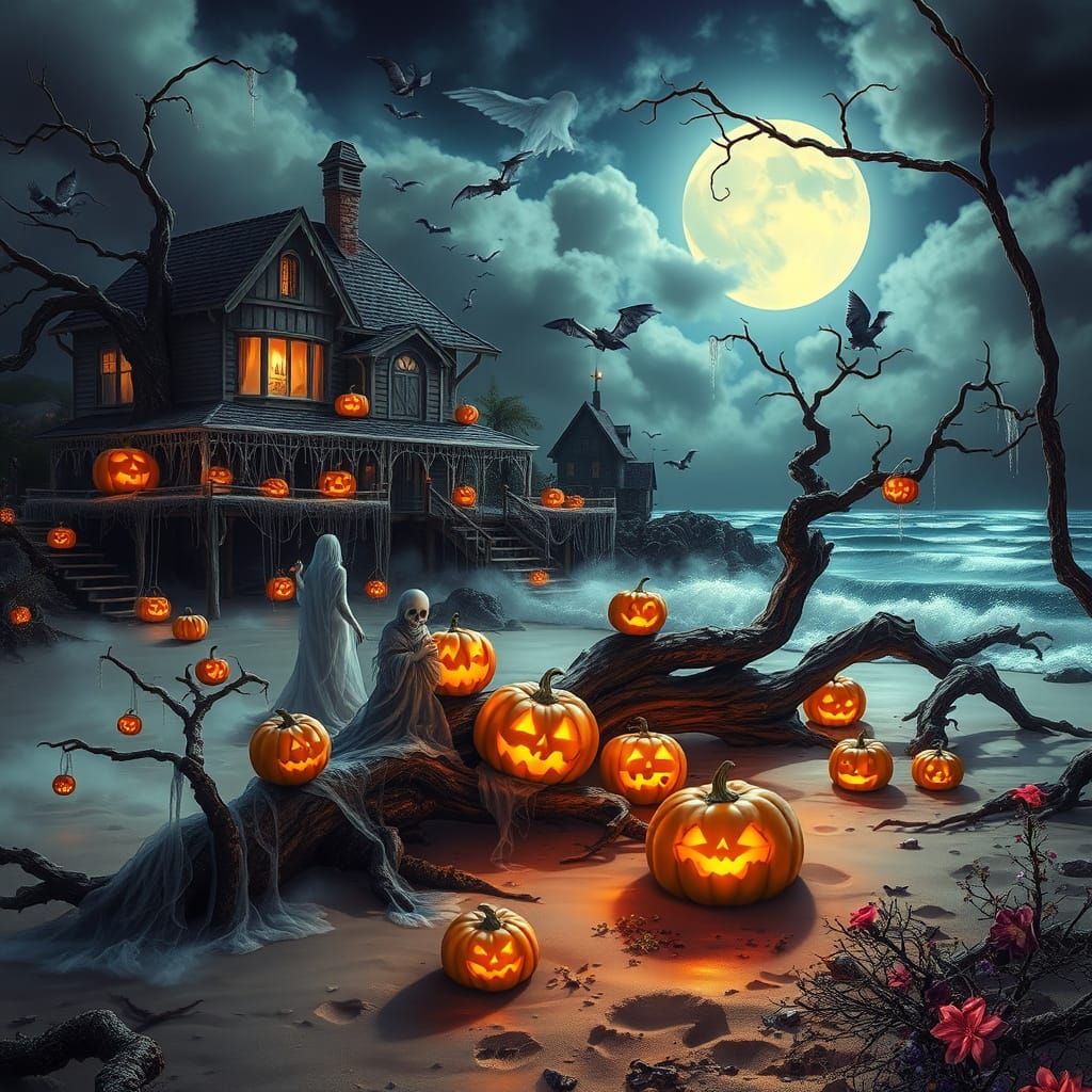 Halloween Beach Scene with Ethereal Fantasy Decorations