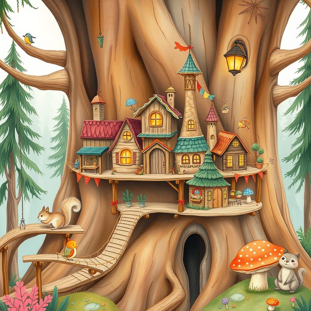 Cozy Treehouse Village in Sequoia: Watercolor Style