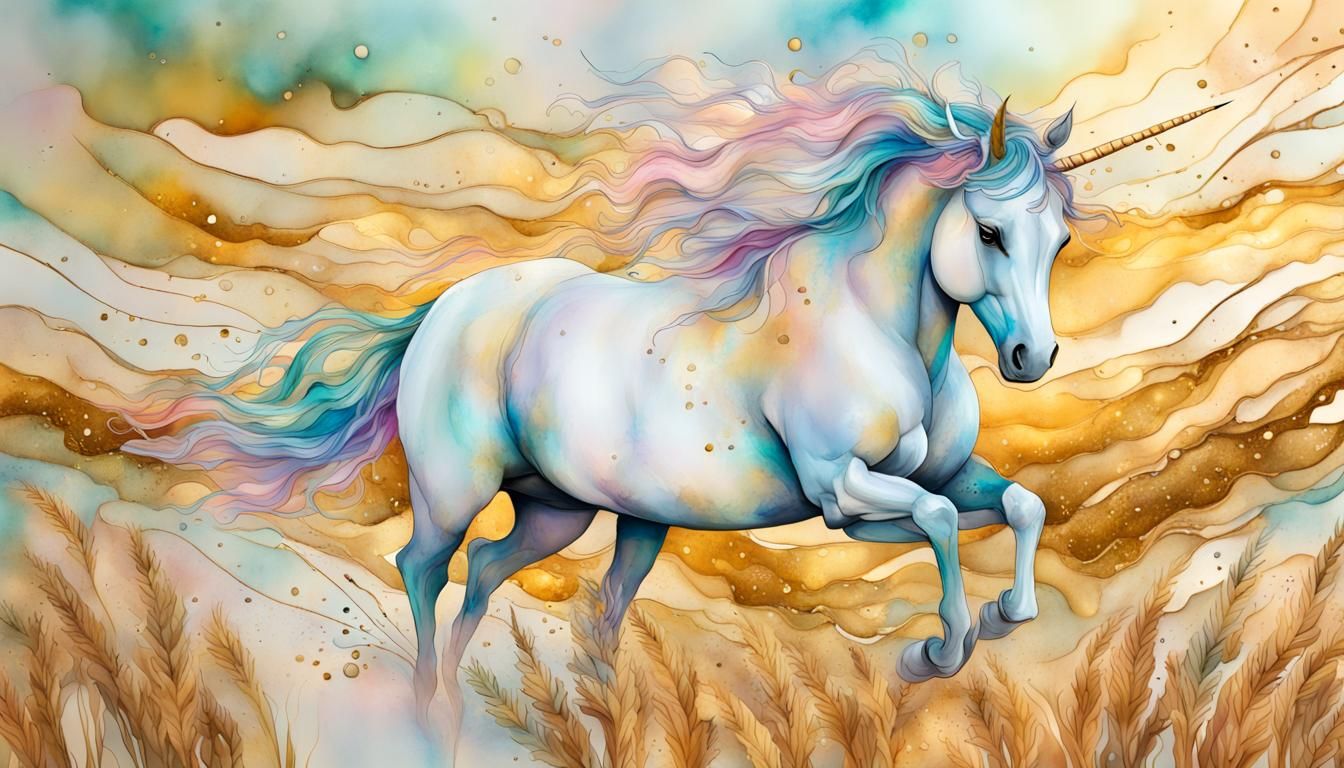 Unicorn in Grain Field, Alcohol Ink Art