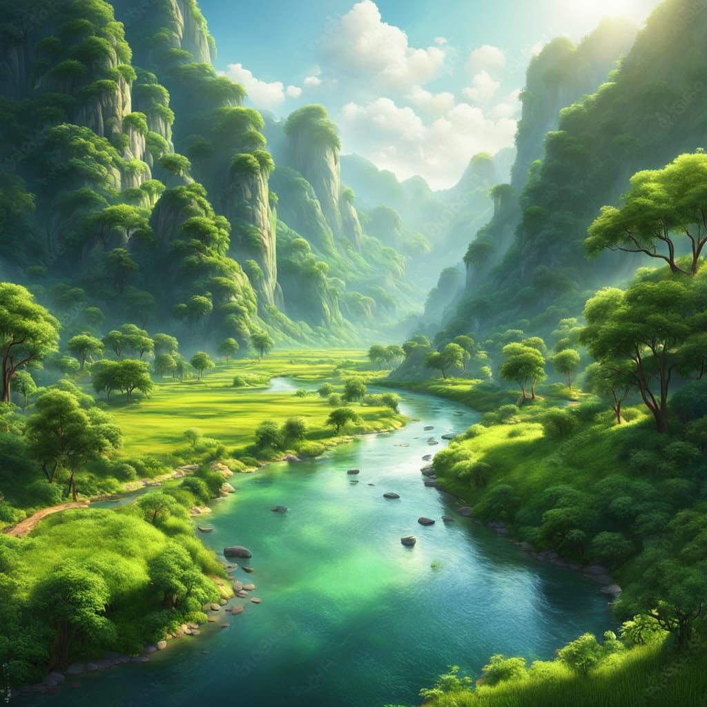 Tranquil Valley Digital Matte Painting with Winding River