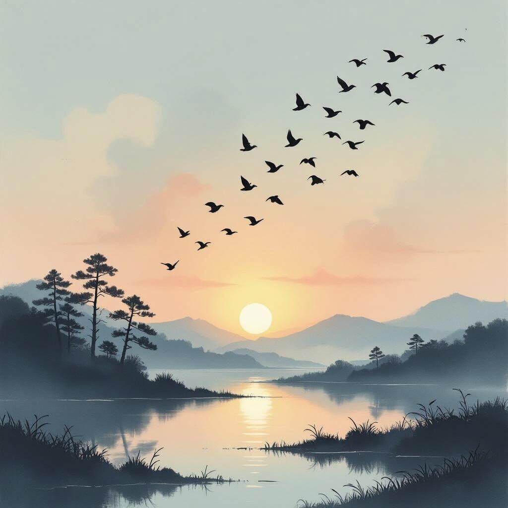 Serene Dawn Landscape in Japanese Ink & Oil Style