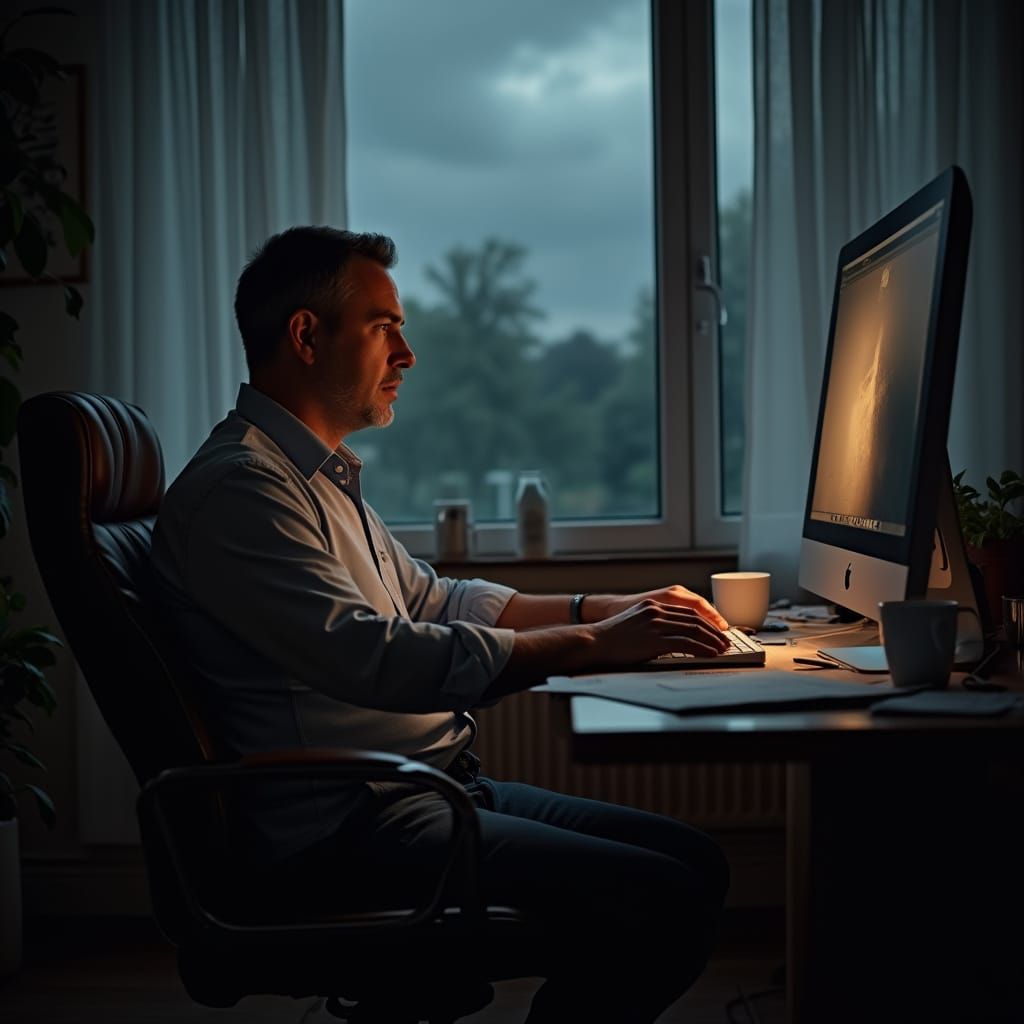 Contemplative Man in Dimly Lit Home Office