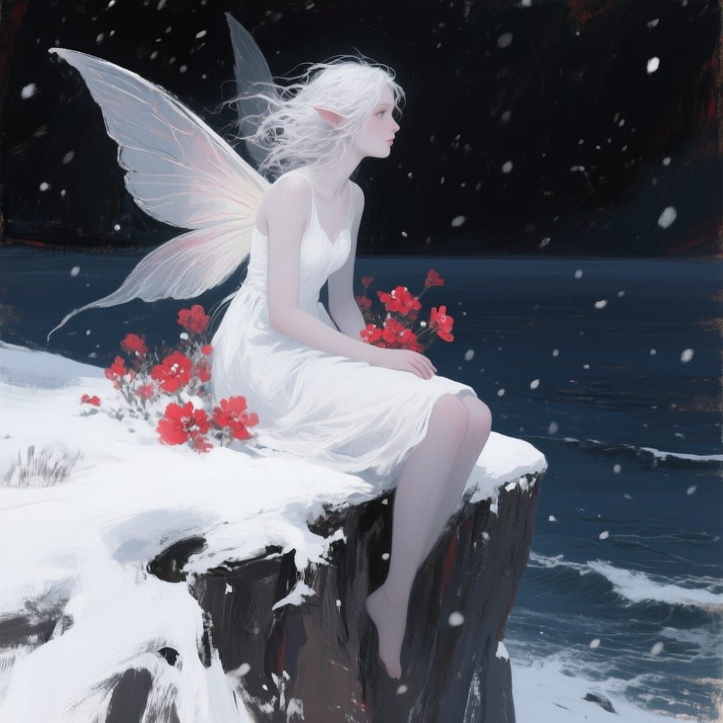 Fairy Overlooking Snowy Ocean Night Fantasy Art