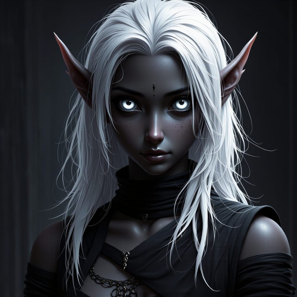 Drow Elf with White Hair and Glowing Runes