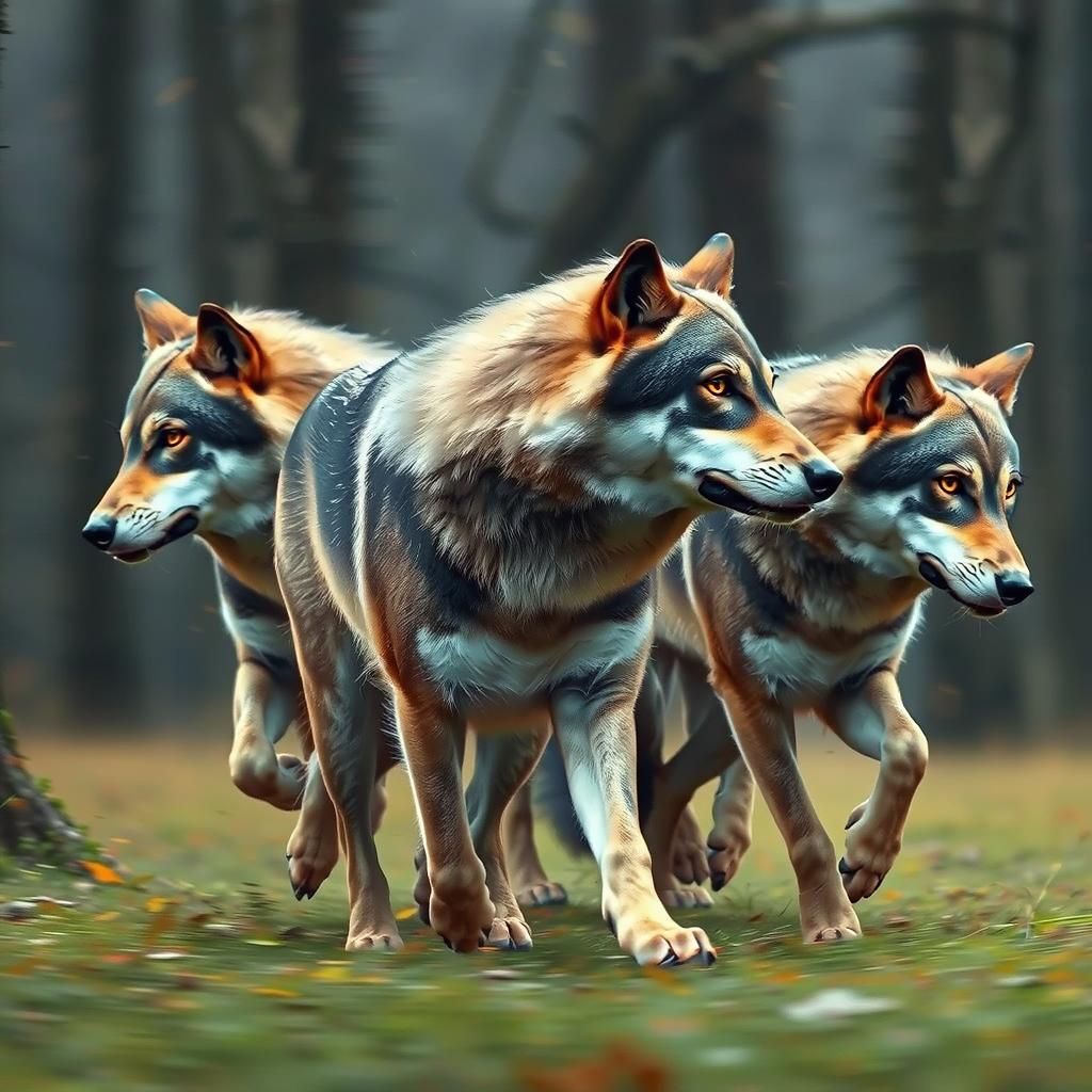 Powerful Wolves Run Through Forest: Motion Blur Photo