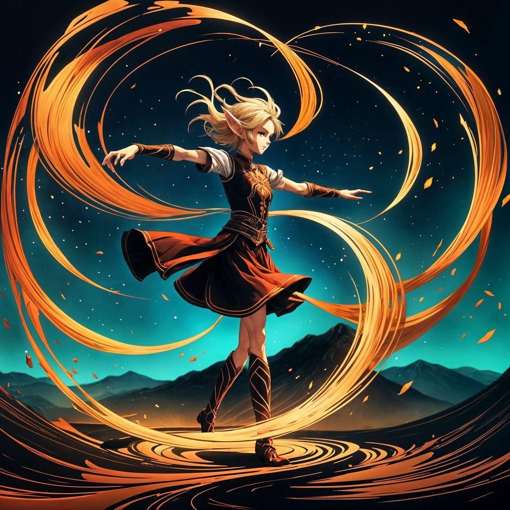 Elf Dances While Bending Earth: Cel-Shaded Anime Art