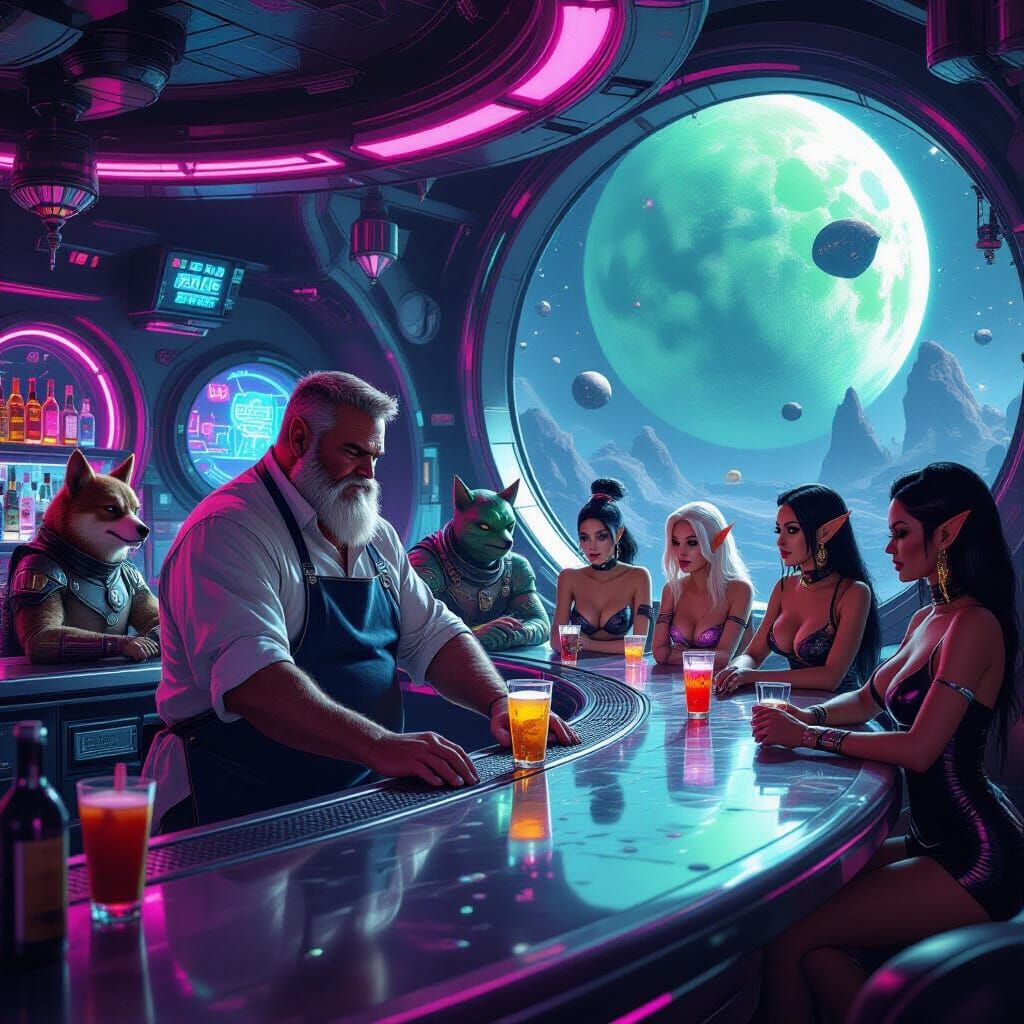 Futuristic Space Cantina with Diverse Aliens and Live Music