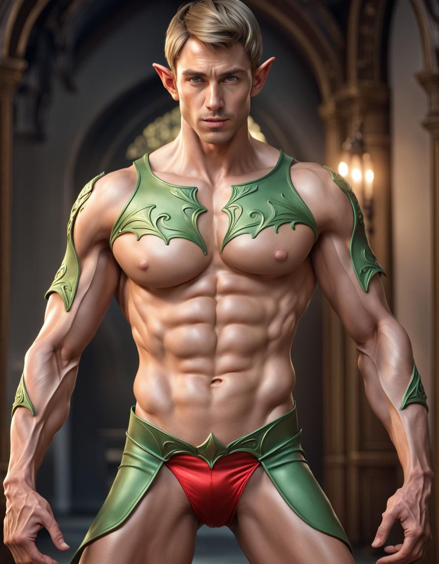 Muscular Elf Male in Revealing Pose, Photorealistic