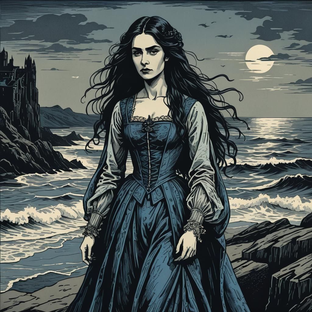 Mina Murray on Coastline at Night as Woodcut