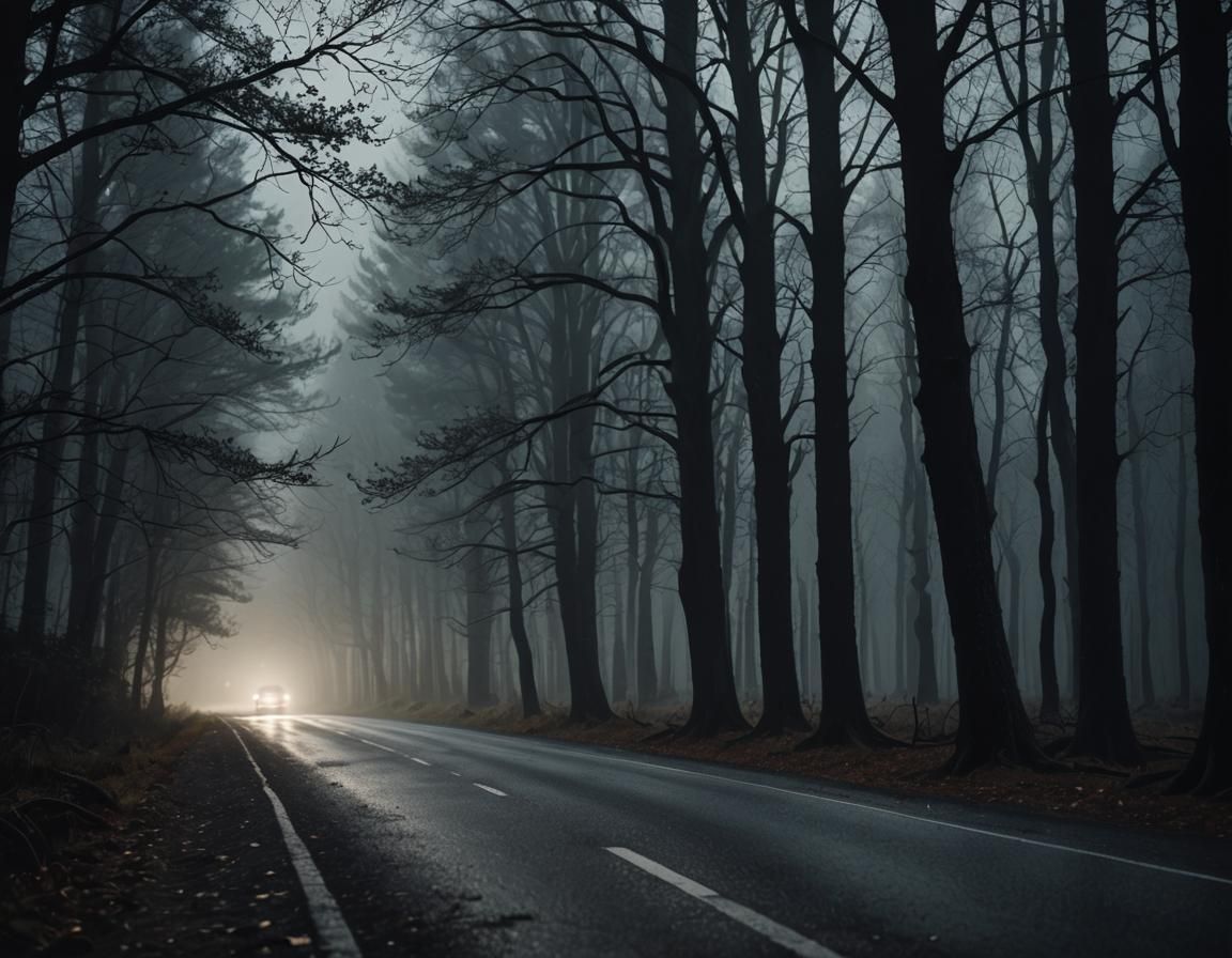 Moonlit Car on Forest Road in Cinematic Style