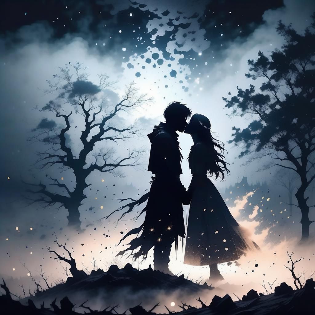 Ethereal Kiss in Ashen Wasteland: Chiaroscuro Ink Painting