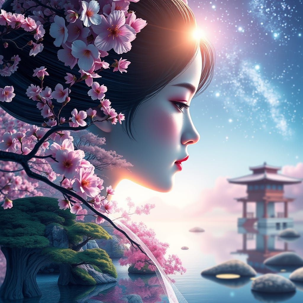 Stunning Geisha in Japanese Water Garden at Night