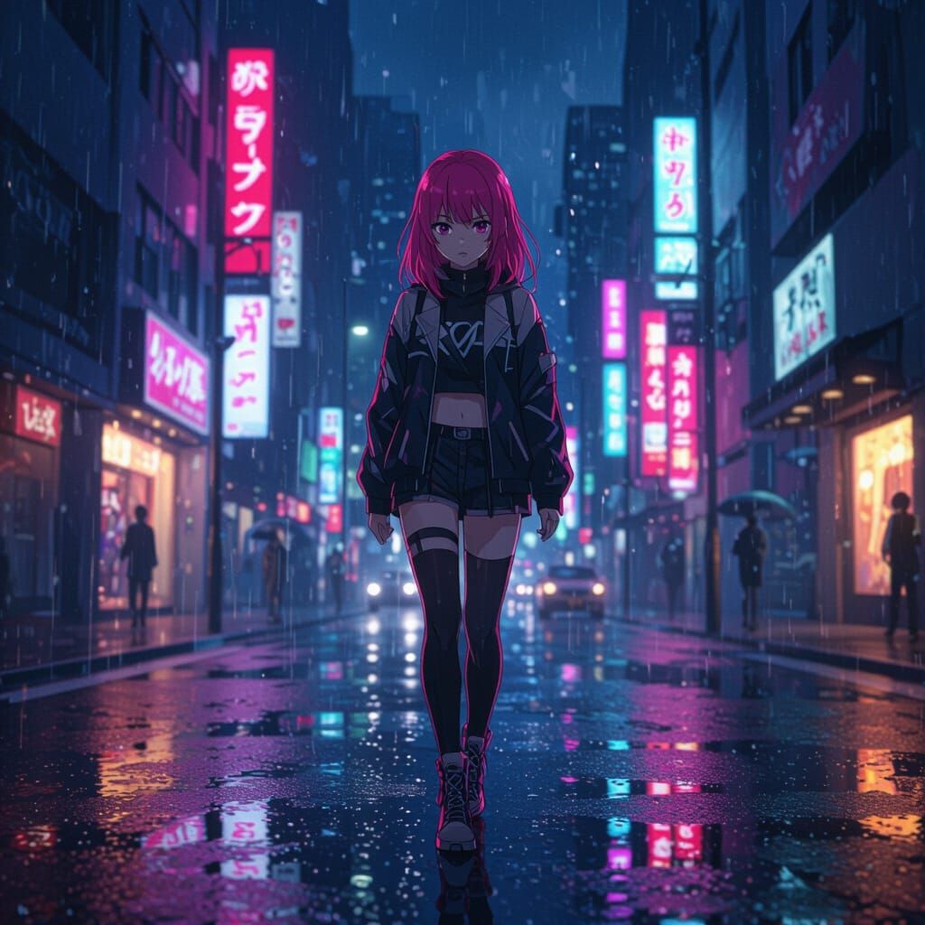 Anime Girl in Neon City Rain