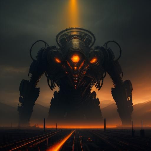 Imposing Gear Monster in Industrial Landscape