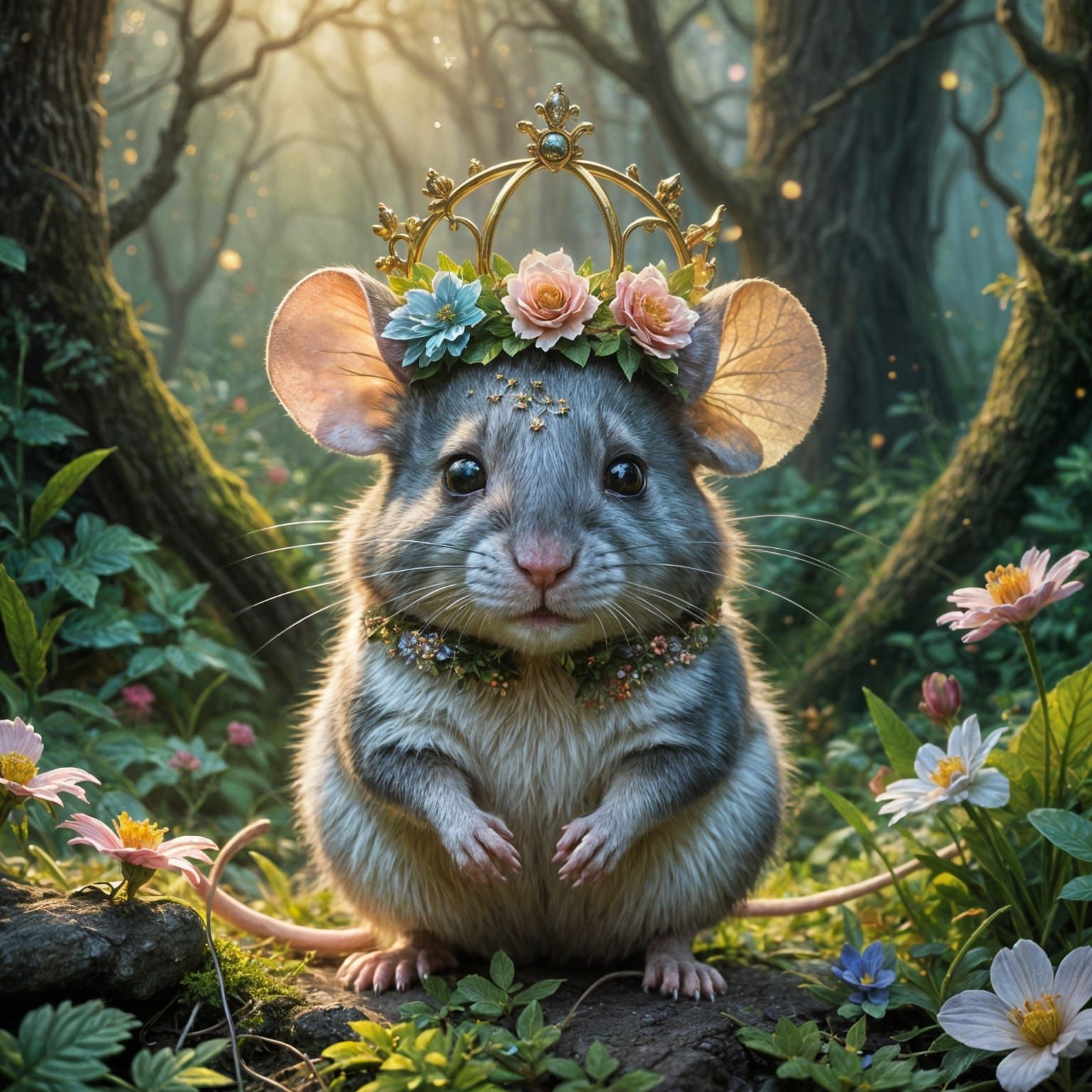 Mouse with Floral Crown in Ethereal Fantasy Style