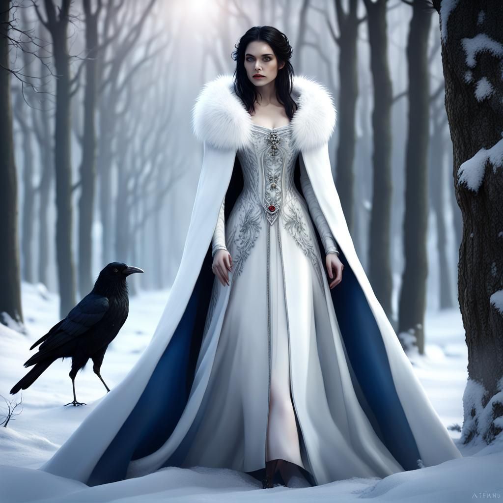 Winter Queen with Crow in Fantasy Forest