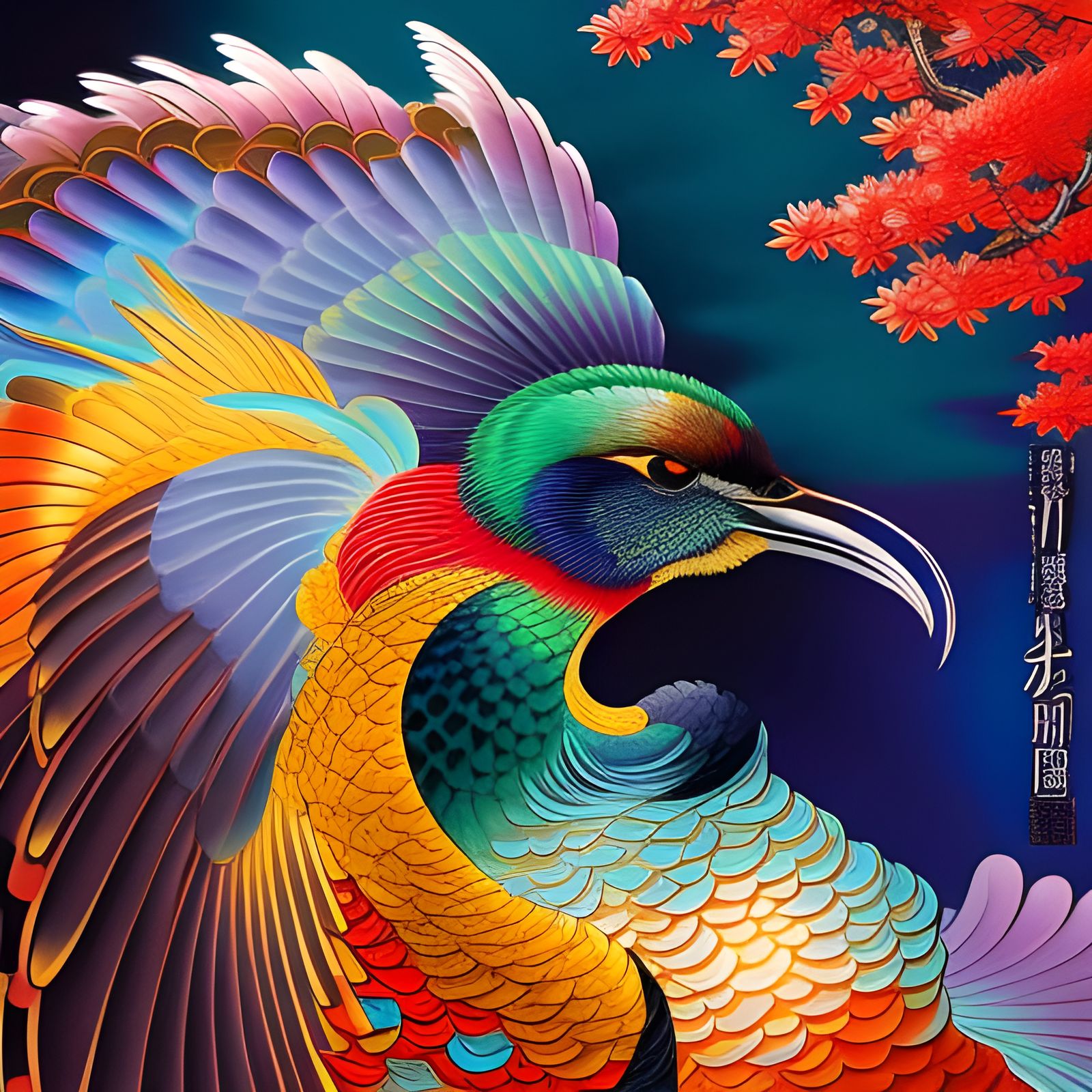 Vivid Intricate Bird in Ukiyo-e Style