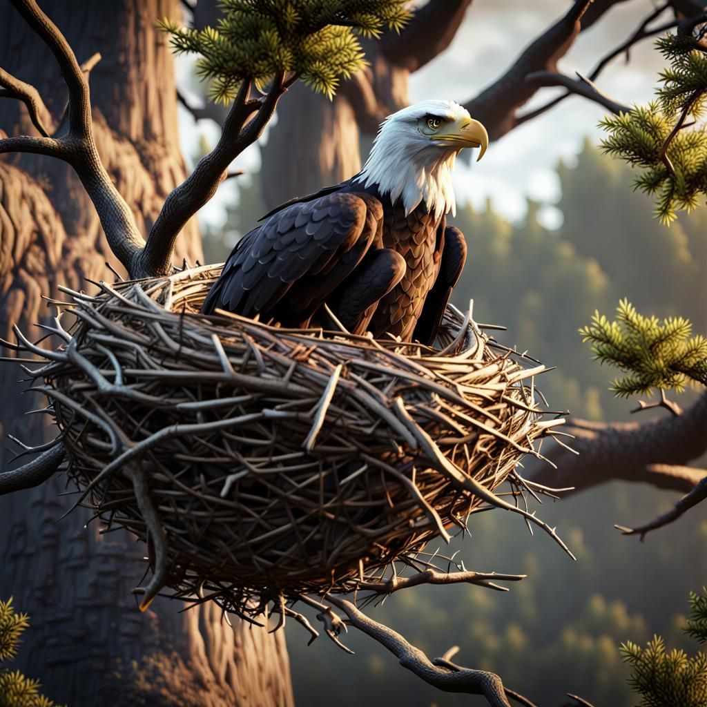 Bald Eagle Nest with Baby Birds in 3D