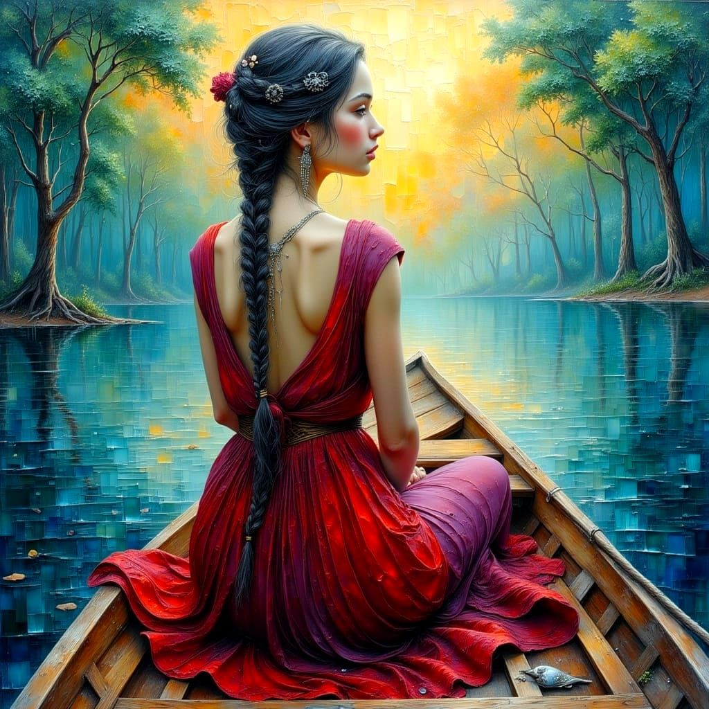 Boho Woman in Rainy Forest: Impasto Oil Painting