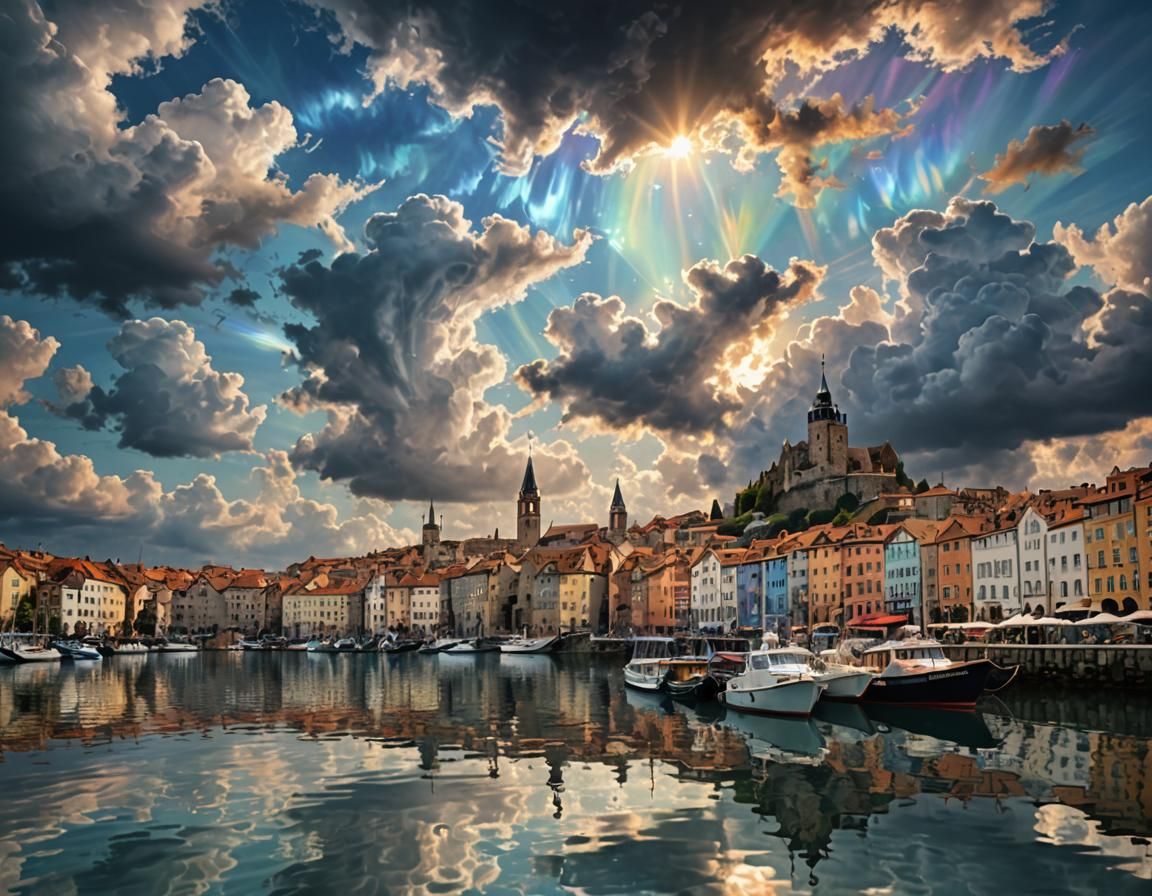 Iridescent Medieval City Mirrored in Sky