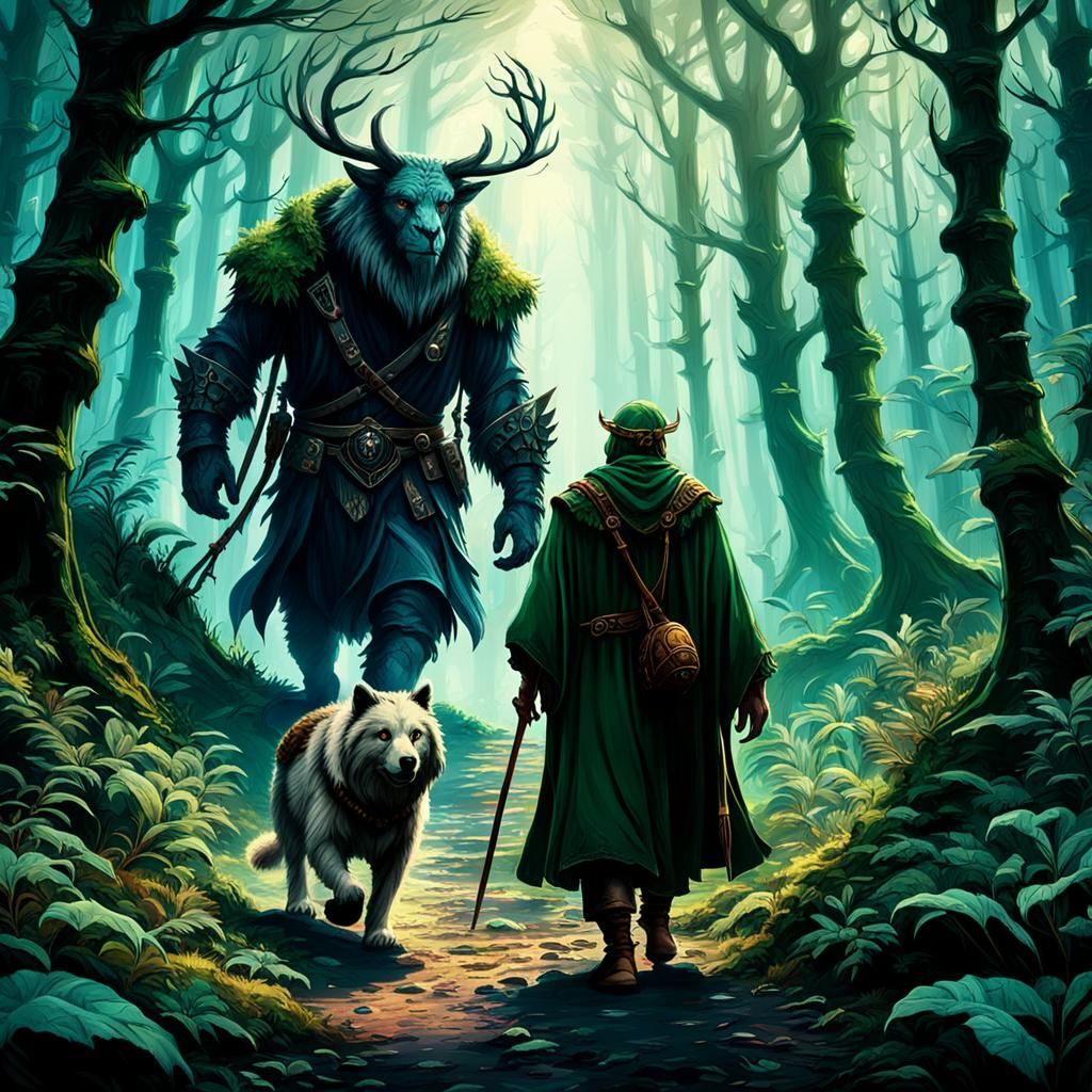 Druid and Animal Companion in Dense Forest