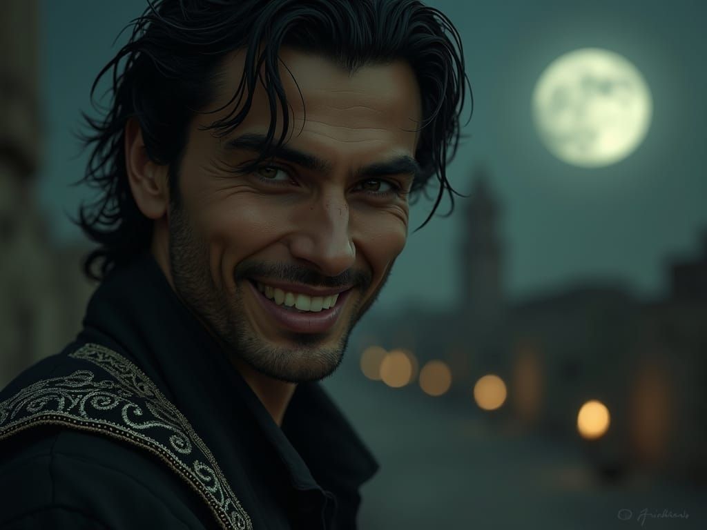 Dark Arab Vampire in Black Attire with White Embroidery