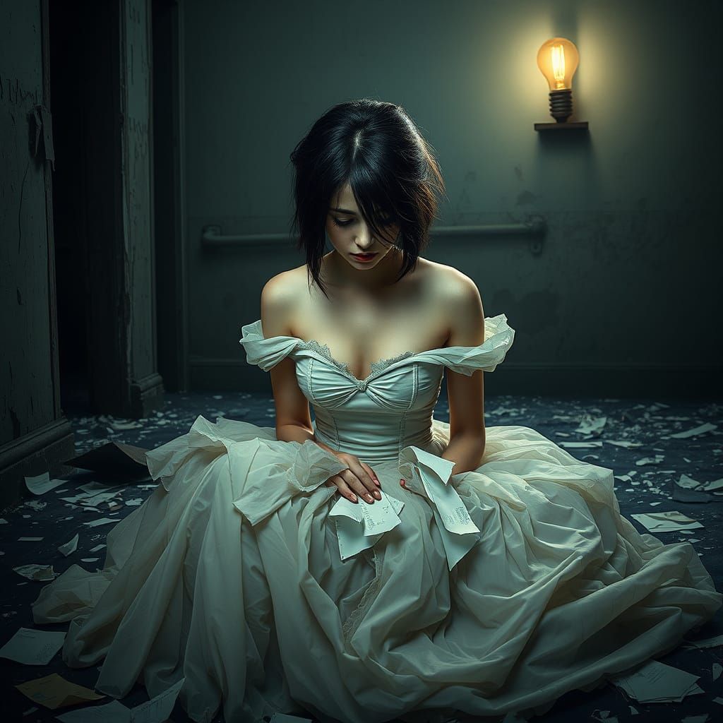 A Young Woman Sits Amidst Desolation, Surrounded by Shattere...