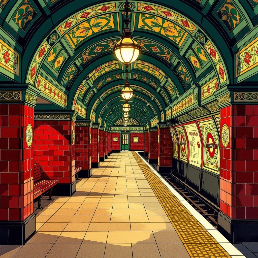 Art Nouveau London Underground Station with Oxblood Tiles