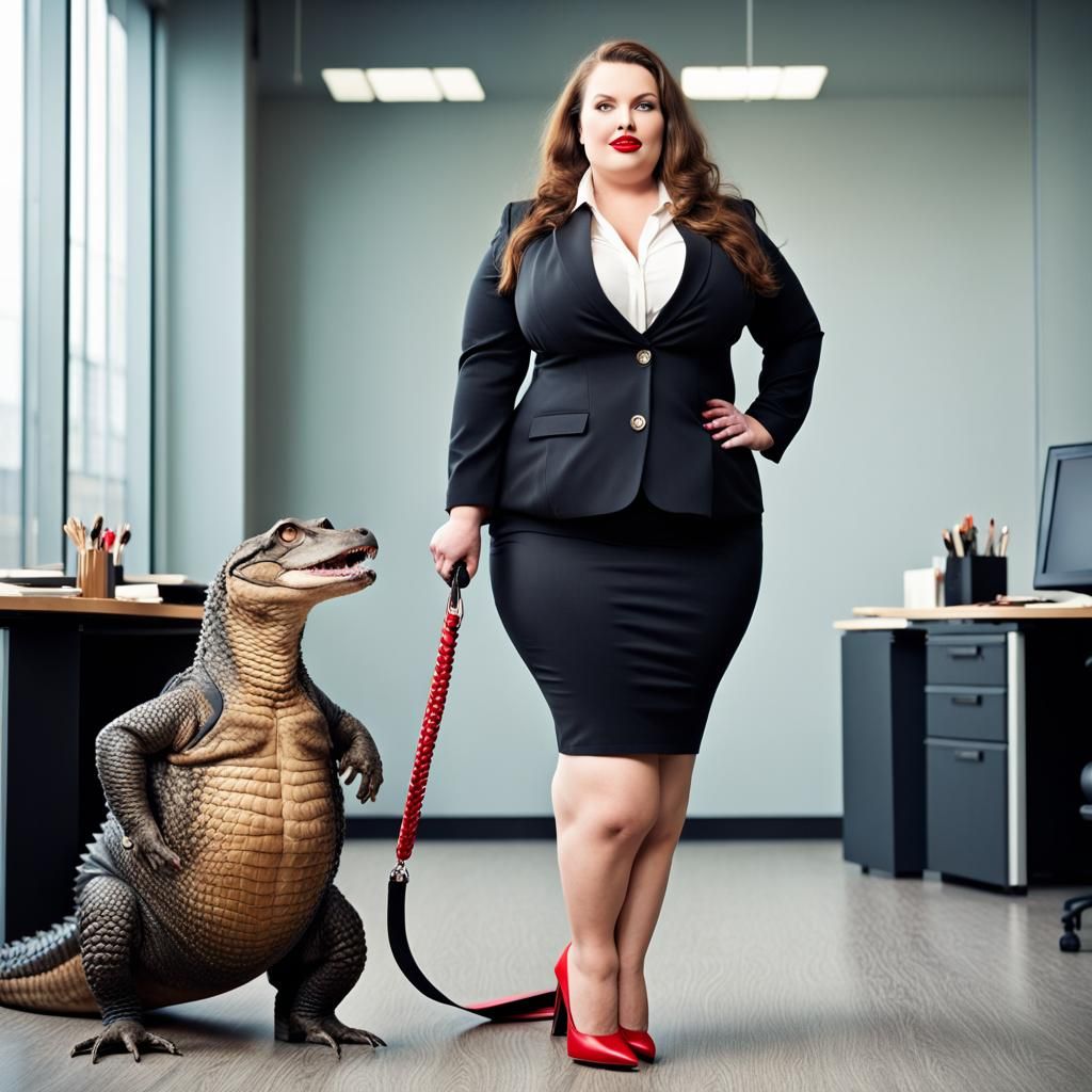 Curvy Woman Walks Alligator in Office Setting