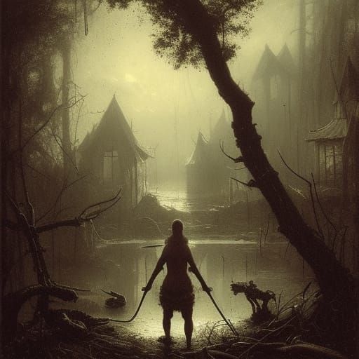 Toad Person in Swamp Village Horror Art