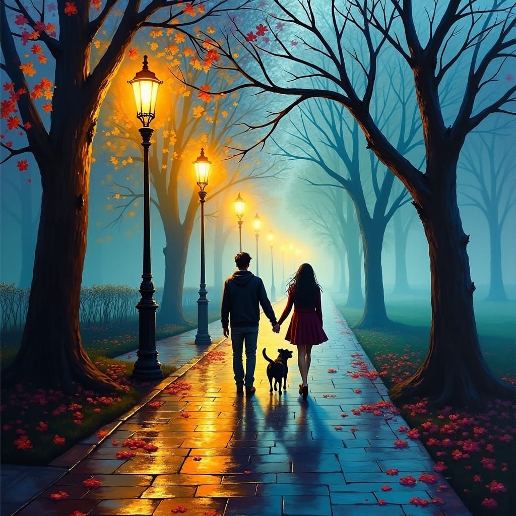 Romantic Night Stroll: An Impressionistic Park Scene