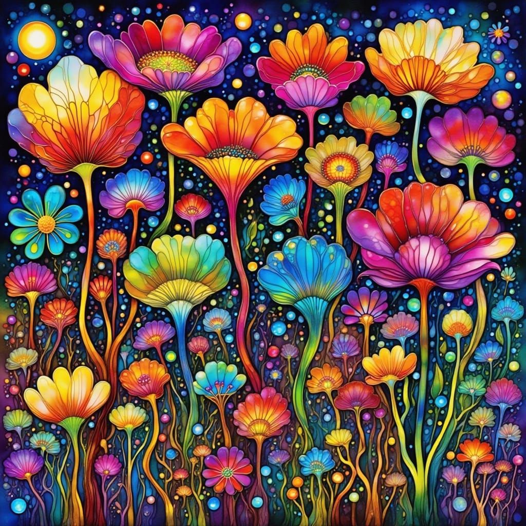 Psychedelic 70s Flowers in Pop Art Style