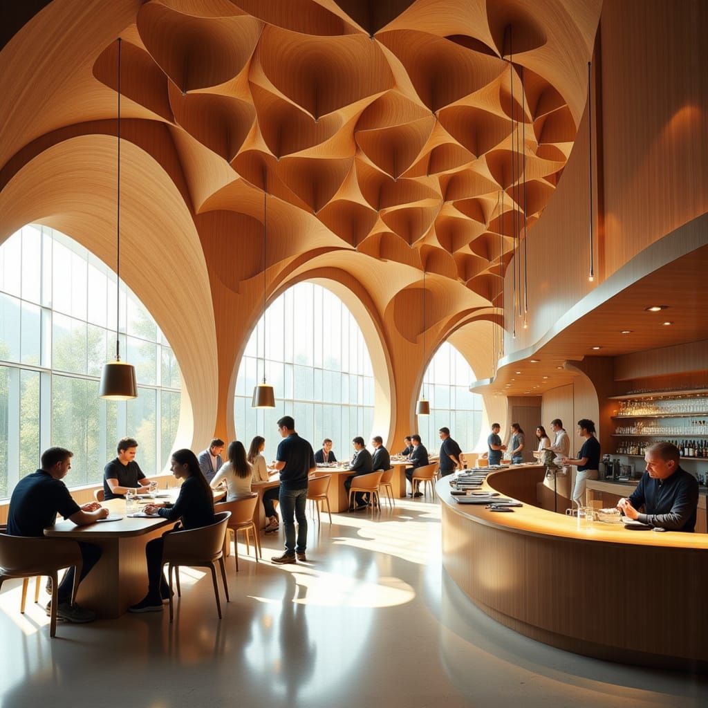 Futuristic Timber Restaurant with Steel Bar in Organic Style