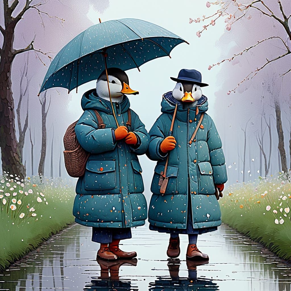 Three Ducks in Down Jackets Holding Umbrella in Spring Mist