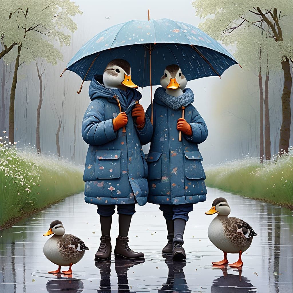 Three Ducks in Down Jackets Holding Umbrella in Spring Mist