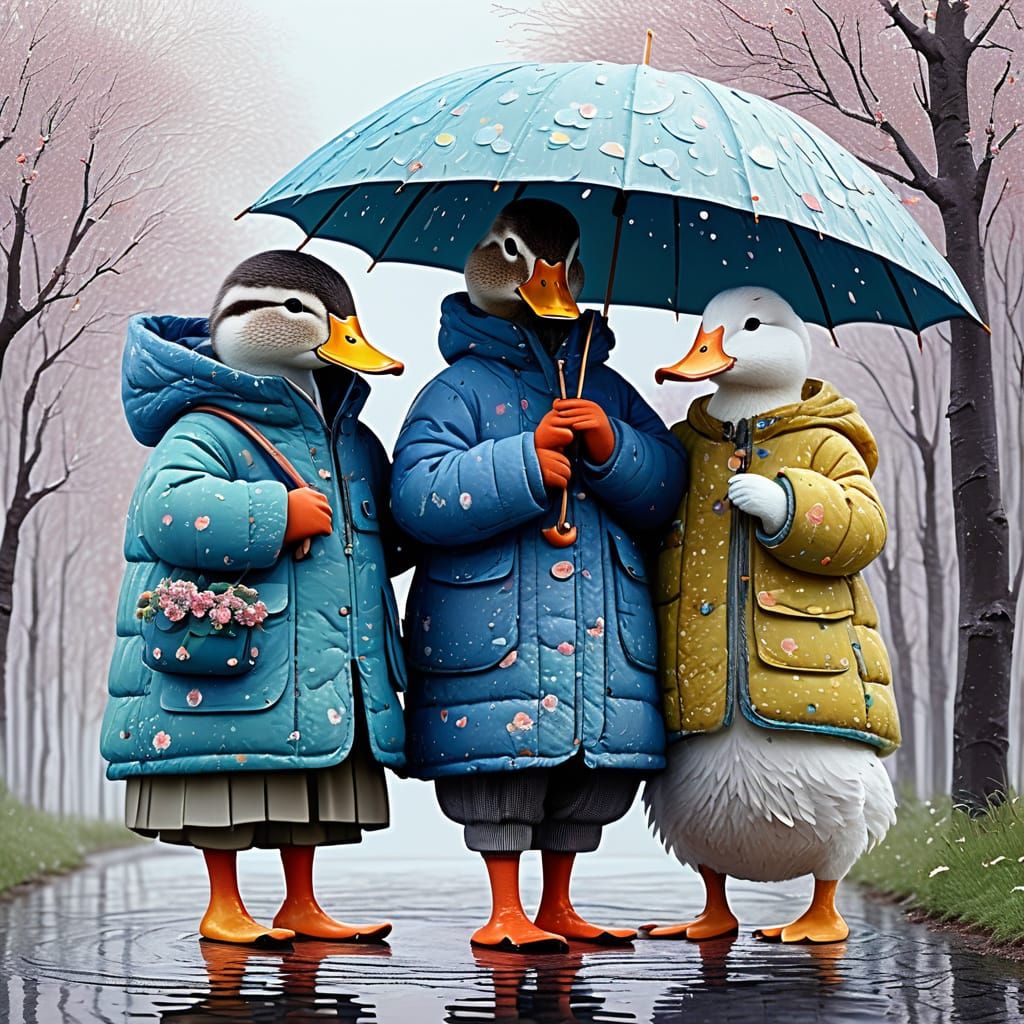 Ducks in Down Jackets Walk Under Umbrella in Spring Mist